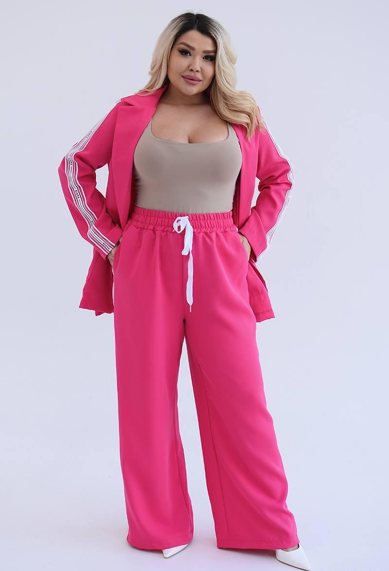 Жіночий малиновий костюм з піджака та брюк-палаццо великі розміри, фото 1