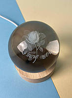 Декоративный 3D-ночник хрустальный шар "Роза" с RGB подсветкой