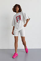 Женский костюм с футболкой oversize и велосипедками - молочный цвет, M (есть размеры) mn
