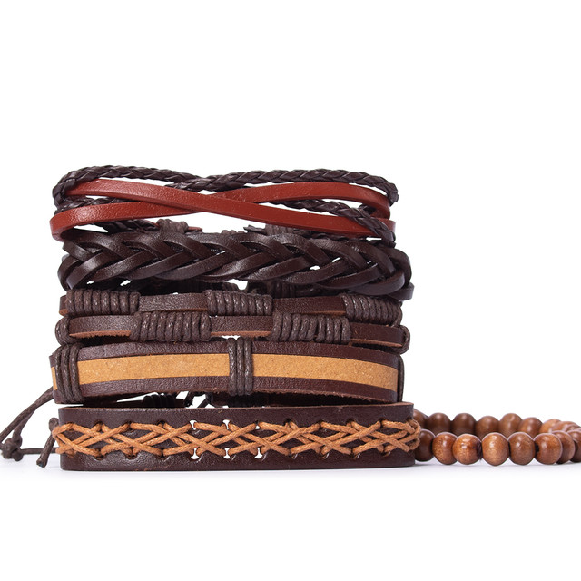 Набір з шести шкіряних браслетів на руку коричневого кольору Набір з шести шкіряних браслетів на руку коричневого кольору