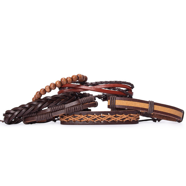 Набір з шести шкіряних браслетів на руку коричневого кольору Набір з шести шкіряних браслетів на руку коричневого кольору