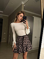 Женская легкая расклешённая воздушная короткая юбка-шорты с рюшами из софта на поясе в Леопардовый принт