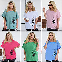 Женская летняя футболка из льна-жатки батал: 46-48, 50-52, 54-56, 58-60 - зеленый, малиновый, голубой, белый