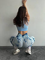 Спортивные женские леггинсы, лосины белые с синим мраморные тай-дай с эффектом пуш-ап для фитнеса зала и йоги