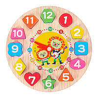 Деревянная игрушка Часы MD 1894 цифры- рамка-вкладыш, шнуровка (Лев) fn