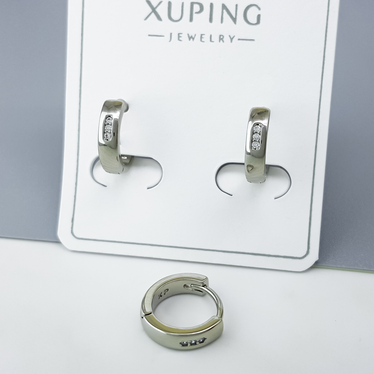 Сережки "Кільця" зі вставкою цирконію, медсплав Xuping, родій, фото 1
