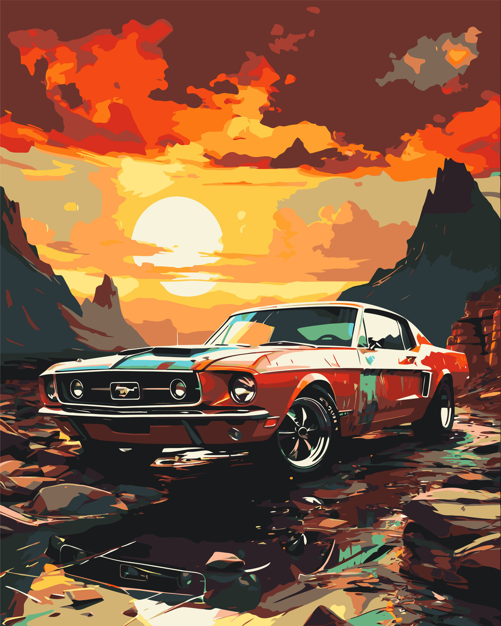 Картина за номерами Форд Мустанг (Ford Mustang) на заході сонця 40*50 см Орігамі LW3314)