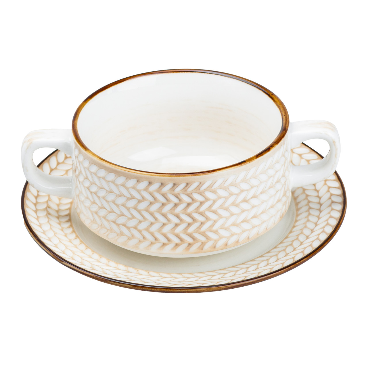 Тарілка супниця з блюдцем 300 (мл) тарілка для супу глибока бульйонниця з двома ручками керамічна кругла Lugi, фото 1