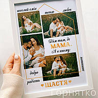 Постер для мамы с вашими фото и надписью "Дом там, где мама..." (белая рамка А4 со стеклом, 21*30 см)