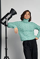 Женский свитер из крупной вязки в косичку - мятный цвет, L (есть размеры) mn