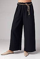 Льняные штаны на резинке с поясом - черный цвет, M (есть размеры) mn