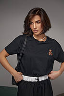 Женская футболка с вышитым медвежонком - черный цвет, S (есть размеры) mn