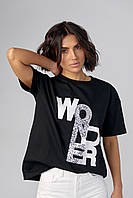 Женская футболка с принтом и пайетками - черный цвет, S (есть размеры) mn