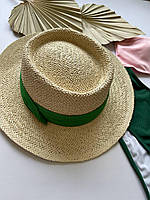 Женская соломенная шляпа пляжная панама из соломы с зеленой лентой Shopen Жіночий соломʼяний капелюх пляжна