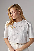 Женская футболка с цветными термостразами - молочный цвет, L (есть размеры) mn