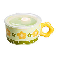Чашка бульонница керамическая 750 мл с пластиковой крышкой "Цветок" Зеленая супница миска для лапши