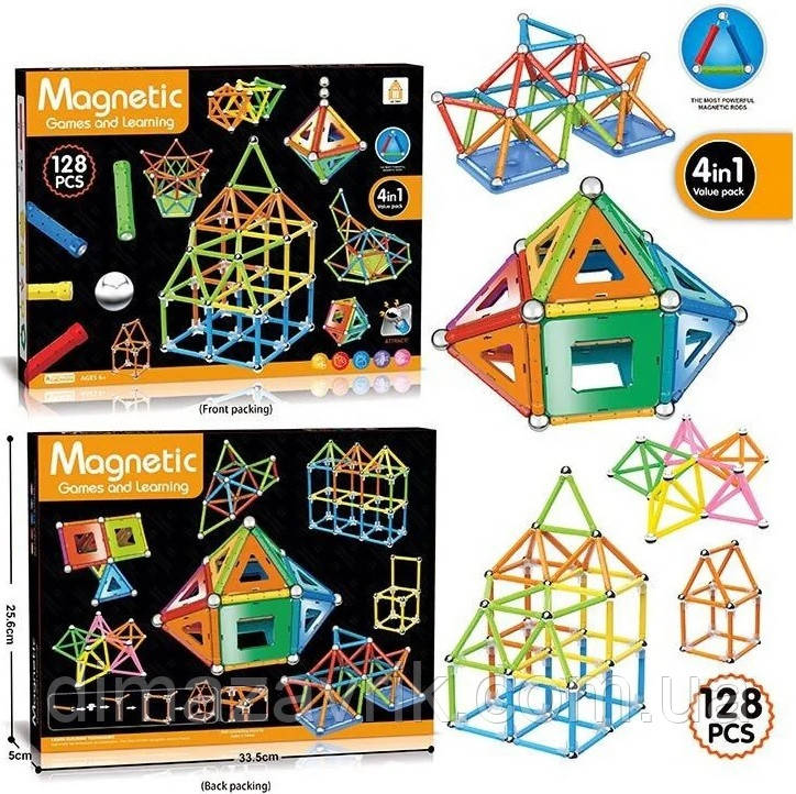 Магнітний Конструктор AQ 2208 M8 3 типи елементів 128 деталей, фото 1
