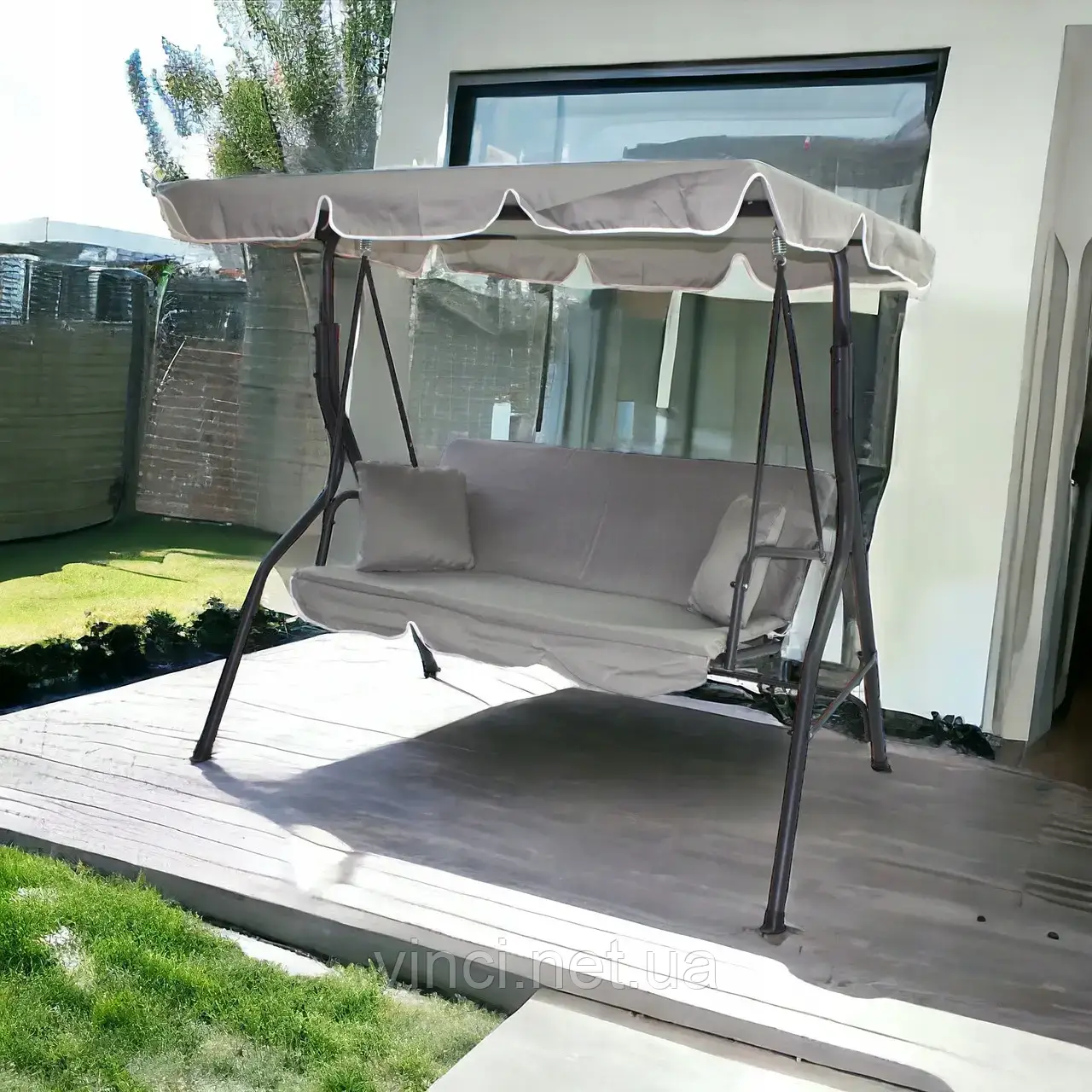 Садова гойдалка з подушками 3-х місна MAS-4003A-LG СВІТЛО СІРА Качеля для саду, городу, тераси, фото 1
