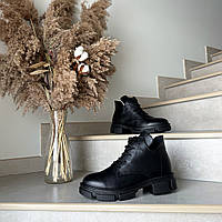 Ботинки кожаные на байке Черные женские ботинки Shopen Черевики шкіряні на байці Чорні жіночі черевики