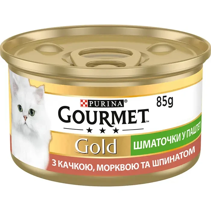 Вологий корм для котів Gourmet Gold Pieces in Pate Duck, Carrot & Spinach 85 г (качка, морква та шпинат), фото 1