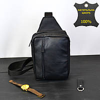 RIO Сумка мужская - кожаная, нагрудная сумка слинг кожаная черная на 3 кармана, мужская сумка на грудь