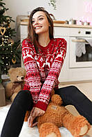 Красный женский свитер с оленями новогодний женская зимняя кофта с оленями Shopen Червоний жіночий светр з