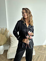 Женская сатиновая черная пижама для дома женский домашний костюм Shopen Жіноча сатинова чорна піжама для дому