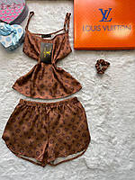 Коричнева жіноча піжама для дому луї вітон жіночий піжамний костюм шорти і майка Louis Vuitton Shopen