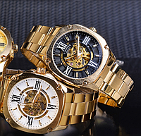 Мужские механические наручные часы Winner Skeleton с открытым механизмом скелетон золотистый люкс Shopen