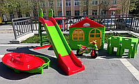 Детский игровой пластиковый домик с горкой и песочницей, Игровой домик для детей в наборе с коляской и столик