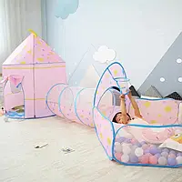 Детская игровая палатка замок 3 в 1 с тунелем и бассейном для шариков розовый