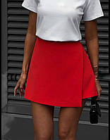 Однотонная стильная юбка шорты на высокой посадке на запах костюмка (белый красный чёрный) размер SM ML M/L, Красный