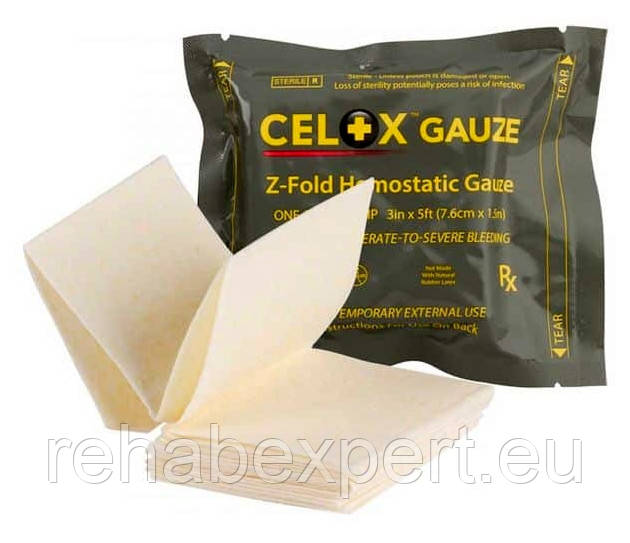 Кровоспинна марлева пов'язка Celox Gauze Z-Fold Hemostatic Gause 7,6 cm x 1,5m, фото 1