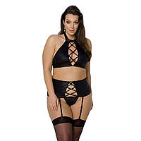 Комплект из экокожи Passion Nancy Set 6XL/7XL black, имитация шнуровки, топ, пояс для чулок SND