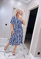 Стильна жіноча сукня на гудзиках довжина міді квітковий принт. Розміри від 42 до 52. Синій з білим