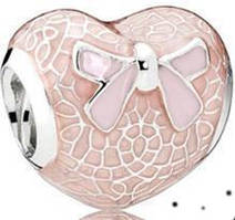 Срібна намистина на браслет Пандора  "Рожевий бант і мереживне серце" 792044ENMX