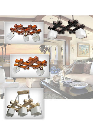 Люстра стельова дерев'яна на 3 плафони для кухні спальні кабінету передпокою Квадро Х/3 коричневе, фото 2