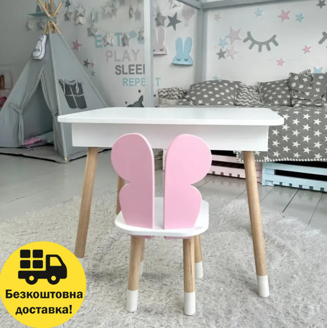 Небольшой стол и стул "бабочка" для карандашей и раскрасок, Детский столик с внутренним ящиком и стульчиком - фото 1 - id-p2053112996
