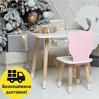 Белый прямоугольный столик и стульчик розовый медвежонок с белым сиденьем, Детский белый детский столик