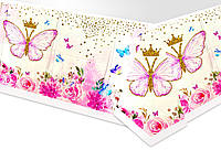 Скатерть детская одноразовая с рисунками - (бабочки), Белый/розовый