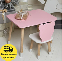 Розовый стол и стул "мишка" с белым сиденьем, Прямоугольный детский столик для обучения и рисования деткам