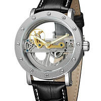 Мужские механические классические часы с кожаным черным ремнем Forsining Air Silver Shopen Чоловічий
