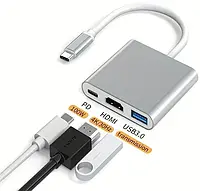 Адаптер Type-C на HDMI USB 3.0, Переходник для MacBook Apple Samsung Asus HP Type-С USB-хаб 4K Type-C-HUB-3in1