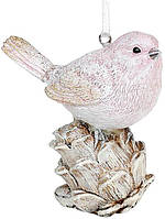 Набор 4 подвесные статуэтки "Птичка на Шишке" 9см, полистоун, бежево-розовый