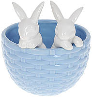 Декоративне кашпо "Кролики в кошику" 14х13.5х15см, кераміка, блакитний з білим