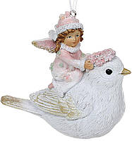 Декоративная подвесная фигурка "Ангел на Птичке" 10х4х9см, полистоун, бело-розовый