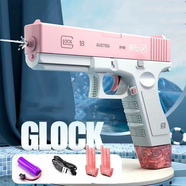 Водяний пістолет акумуляторний електричний Water Gun Glock з 2 обоймами для води Рожевий