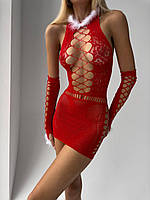 Сітчата червона сукня пеньюар, з високими сітчатими перчатками. Мод.DO2578
