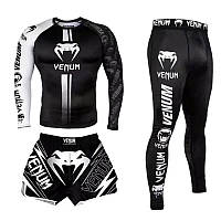 Комплект спортивний чоловічий лонгслів рашгард, леггінси та шорти "Venum" для тренувань MMA тайський бокс