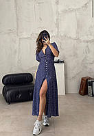 ВАУ! Легкое женское длинное платье с коротким рукавом на пуговицах в горошек белое, синее, электрик 42-44